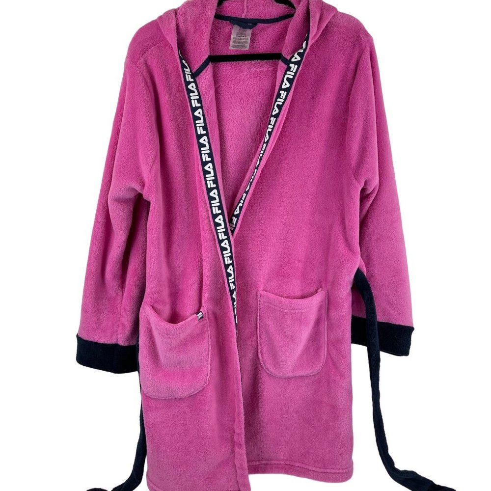 FILA Pink/Black Fleece Hooded Robe Logo Spell Out Trim Size Medium - Picture 3 of 11